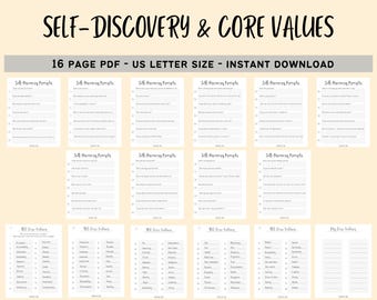 Self-Discovery Questions for Personal Growth / Core Values List / Printable Self-Reflection Worksheets