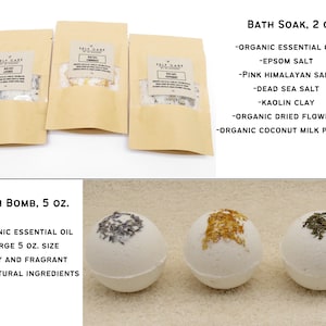 May include: Three brown paper pouches containing bath salts, each with a label reading Self Care by SD Suds, alongside three white spherical bath bombs topped with dried flowers and herbs, with text listing ingredients like Epsom and Himalayan salt.