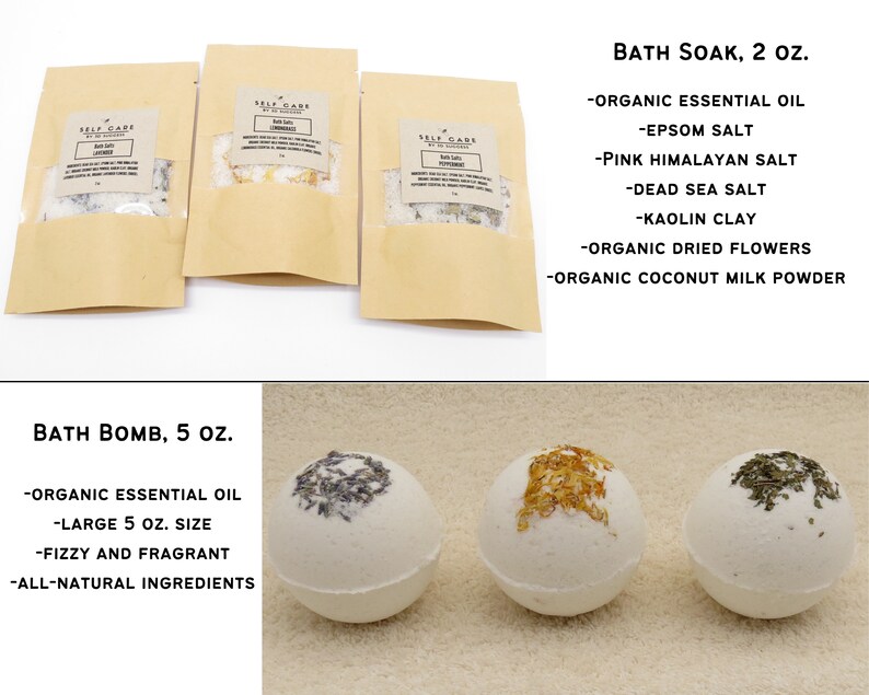 May include: Three brown paper pouches containing bath salts, each with a label reading Self Care by SD Suds, alongside three white spherical bath bombs topped with dried flowers and herbs, with text listing ingredients like Epsom and Himalayan salt.