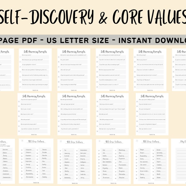 Self-Discovery Questions for Personal Growth / Core Values List / Printable Self-Reflection Worksheets