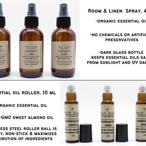 May include: Three 4 oz. amber glass room and linen spray bottles with black spray nozzles and three 10 ml amber glass essential oil roller bottles with stainless steel roller balls and black caps, all featuring tan labels with Self Care by 3D Success text.
