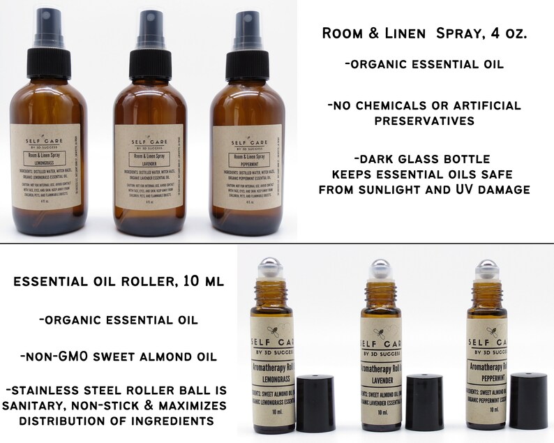 May include: Three 4 oz. amber glass room and linen spray bottles with black spray nozzles and three 10 ml amber glass essential oil roller bottles with stainless steel roller balls and black caps, all featuring tan labels with Self Care by 3D Success text.