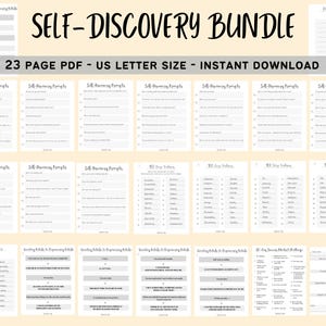 Puede incluir: Un paquete de PDF imprimible en blanco y negro para el autodescubrimiento. El paquete incluye 23 páginas de indicaciones y ejercicios para ayudarte a aprender más sobre ti mismo. El título del paquete es "Self-Discovery Bundle".
