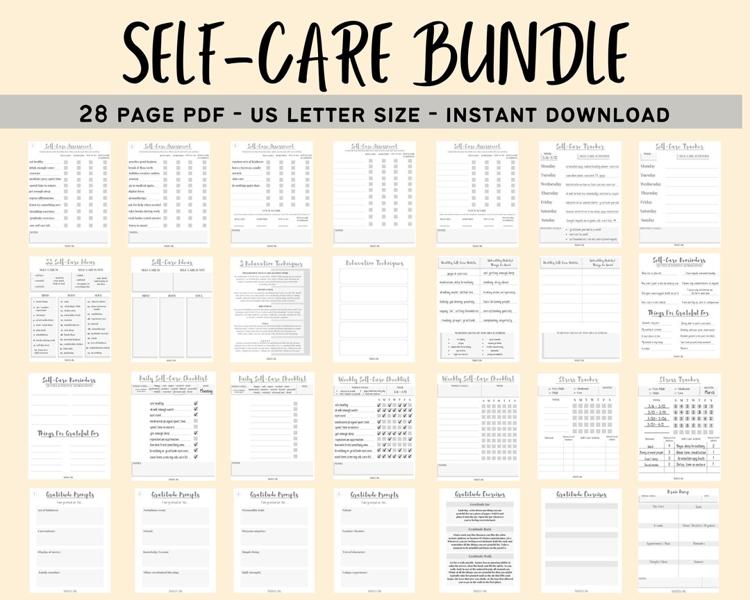 Self-care Plan Worksheets Printable PDF Bundle- Self Care Ideas, Checklists, Stress Tracker ...