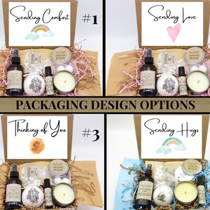 May include: Four gift box sets containing self-care items such as a spray bottle, bath bomb, roller bottle, and candle. Each box lid features a unique message: Sending Comfort, Sending Love, Thinking of You, or Sending Hugs with watercolour art.