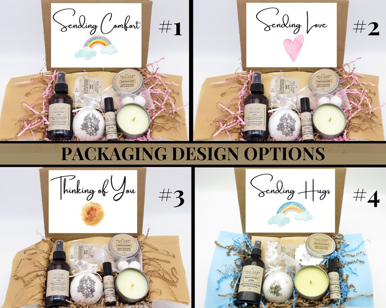 May include: Four gift box sets containing self-care items such as a spray bottle, bath bomb, roller bottle, and candle. Each box lid features a unique message: Sending Comfort, Sending Love, Thinking of You, or Sending Hugs with watercolour art.