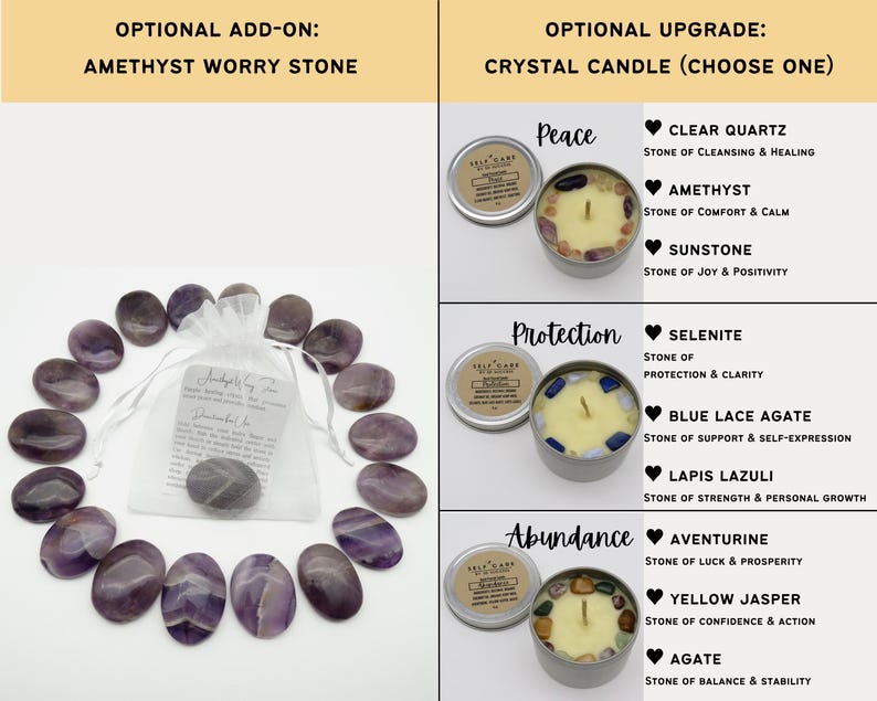 May include: A collection of oval purple amethyst worry stones arranged in a circle around a white drawstring pouch, alongside three metal tins containing cream-colored candles topped with various crystals labeled Peace, Protection, and Abundance.