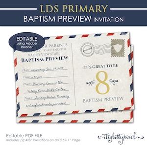 Invitation à un aperçu du baptême LDS - Primaire C'est génial d'être 8 IMPRIMABLE PDF modifiable Programme de la réunion annuelle Inviter Carte postale Passeport Thème