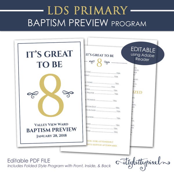 LDS Baptism Preview Program - Primary It's Great to Be 8 PRINTABLE Editable PDF Annual Meeting Folded Full Page Postcard Passport Theme