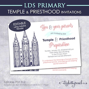LDS Temple & Priesthood Preparation Invitation - Primaire PRINTABLE Editable PDF Annual Meeting Program Invite Postcard Theme Graduation