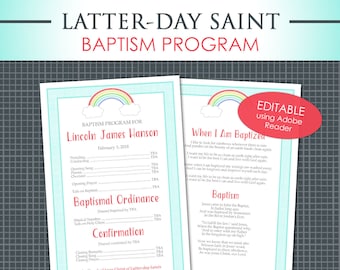 LDS Baptism Program - EDITABLE PDF Double Sided Half Page Printable Digital Handout Song Boy Blue Red I Like to Look for Rainbow Great Be 8
