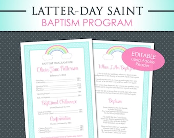 LDS Baptism Program - EDITABLE PDF Double Sided Half Page Printable Handout Song Girl Blue Pink I Like to Look for Rainbow Great to Be 8