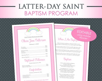 LDS Baptism Program - EDITABLE PDF Double Sided Half Page Printable Handout Song Girl Pink I Like to Look for Rainbow Great to Be 8