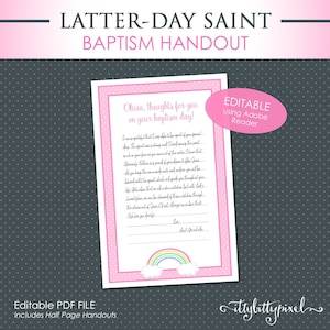 LDS 洗礼の考えの配布資料 - 編集可能な PDF 半ページ 印刷可能な証言の思い出の本のギフト 記念品 女の子 ピンクのドット 虹を探すのが好き