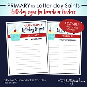 Primary Birthday Sign Schedule - LDS Latter-Day Saint - Editable Printable (Come Follow Me) P005