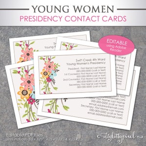 Cartes de contact de la Présidence des Jeunes Filles - LDS PDF modifiable IMPRIMABLE Yw Saint des Derniers Jours Pastorale Sisters Polycopié Carte de visite florale