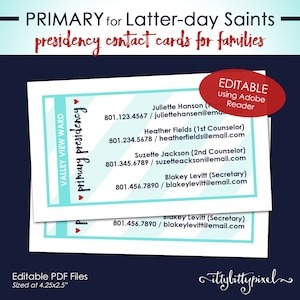 Primary Presidency Contact Cards - LDS Latter-Day Saint - Editable Printable (Come Follow Me) P005