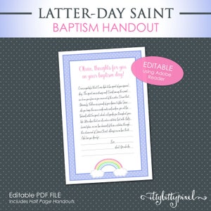 LDS 洗礼の考えの配布資料 - 編集可能な PDF 半ページ 印刷可能な証言の思い出の本のギフト 記念品 女の子 ブルー ピンク 虹を探すのが好きです