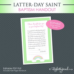 LDS 洗礼の考えの配布資料 - 編集可能な PDF 半ページ 印刷可能な証言の思い出の本の贈り物 記念品 女の子 ピンク 緑が好き 虹を探す