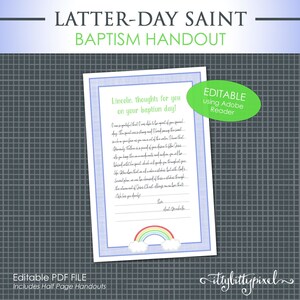 LDS 洗礼の考えの配布資料 - 編集可能な PDF 半ページ 印刷可能な証言の思い出の本のギフト 記念品 男の子 青 緑 虹を探すのが好きです