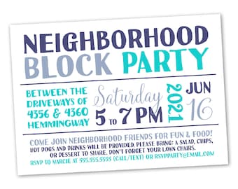 Neighborhood Block Party Invitation - Announcement Invite Card Digital Customized Custom Summer Party Barbecue BBQ Family Reunion Friends