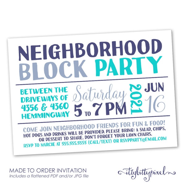 Neighborhood Block Party Invitation - Announcement Invite Card Digital Customized Custom Summer Party Barbecue BBQ Family Reunion Friends
