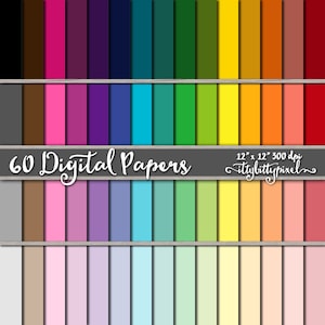 May include: A set of 60 digital papers in various colours, including red, orange, yellow, green, blue, purple, pink, and brown. The papers are arranged in rows and columns, and each paper has a subtle gradient effect. The text "60 Digital Papers" is displayed in the centre of the image, and the text "12" x 12" 300 dpi" is displayed in the top right corner of the image.