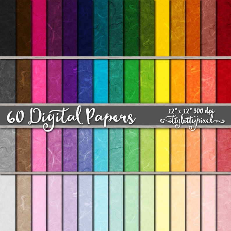 May include: 60 digital papers in a variety of colors, including red, orange, yellow, green, blue, purple, pink, and brown. Each paper has a textured, wrinkled look, like handmade paper. The papers are 12 inches by 12 inches and 300 dpi.