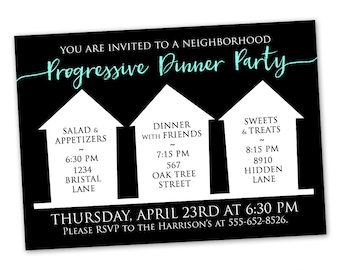 Progressive Dinner Party Invitation - Announcement Card Digital Customized Custom Neighborhood Block Party House Gathering Black White