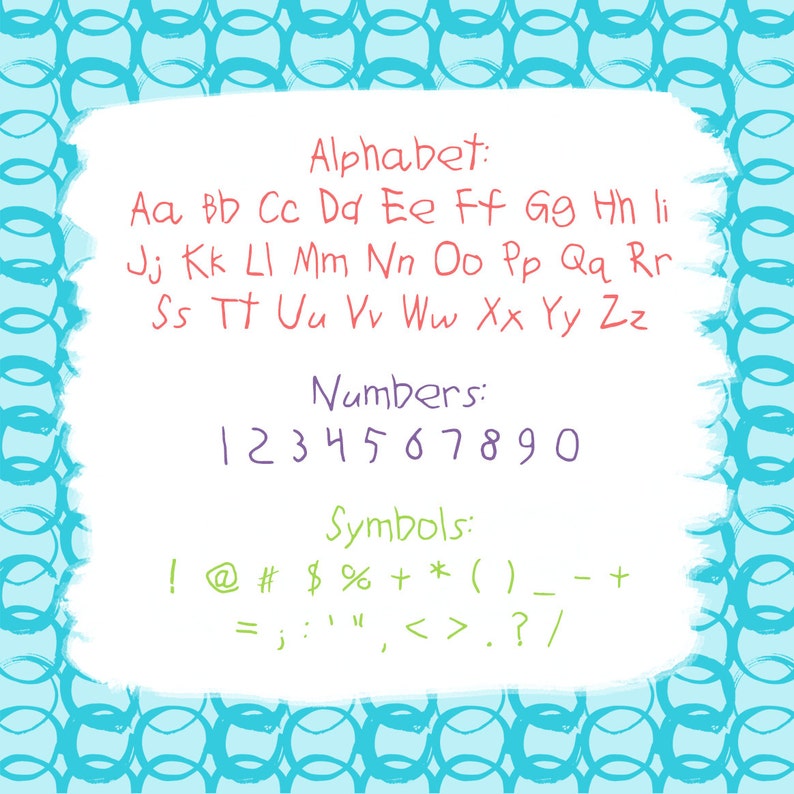 May include: A white background with a blue and white patterned border. The text "Alphabet:" is written in purple, followed by the alphabet in lowercase letters written in red. The text "Numbers:" is written in purple, followed by the numbers 1 through 0 written in purple. The text "Symbols:" is written in purple, followed by a list of symbols written in green.