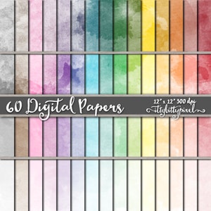 May include: 60 digital papers with watercolor textures in various colors. Each paper is 12 inches by 12 inches and 300 dpi. The papers are arranged in rows of 10, with each row featuring a different color palette.