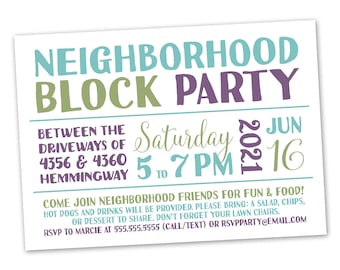 Neighborhood Block Party Invitation - Announcement Invite Card Digital Customized Custom Summer Party Barbecue BBQ Family Reunion Friends