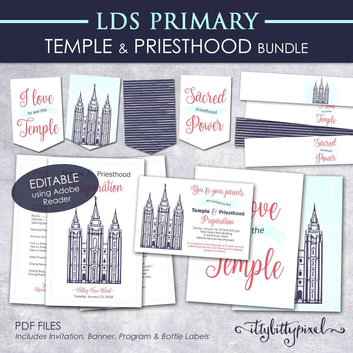 神殿および神権準備バンドルキット - LDS 初等協会 2020 印刷可能 編集可能なプログラム バナー 招待状 アート ラベル 年次プレゼンテーション