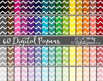 May include: 60 digital papers with a chevron pattern in various colors. Each paper is 12 inches by 12 inches and 300 dpi. The text "60 Digital Papers" and "ittybittypixel" is included in the image.