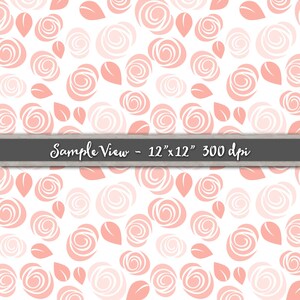 May include: A seamless pattern featuring pink and white stylized roses and leaves on a white background. The pattern is 12 inches by 12 inches and 300 dpi.  Sample View - 12" x 12" 300 dpi