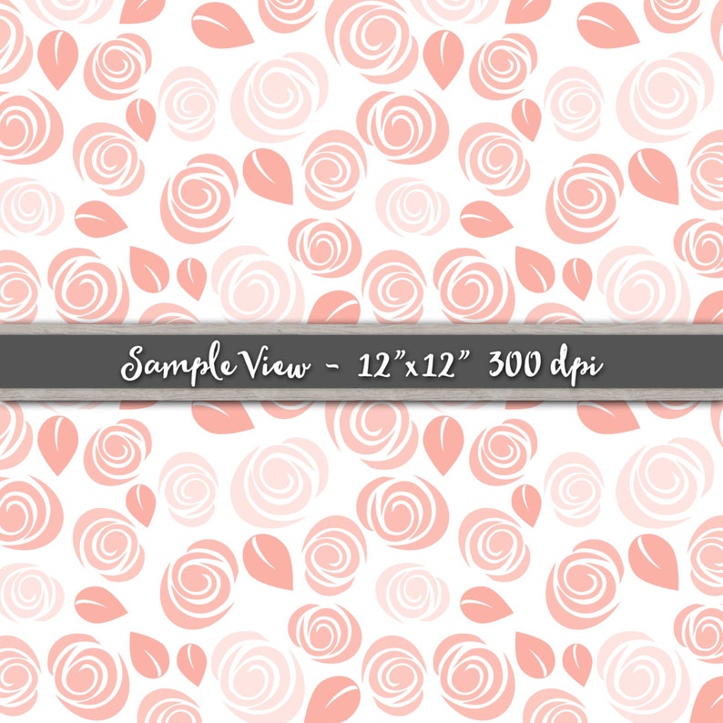 May include: A seamless pattern featuring pink and white stylized roses and leaves on a white background. The pattern is 12 inches by 12 inches and 300 dpi.  Sample View - 12" x 12" 300 dpi
