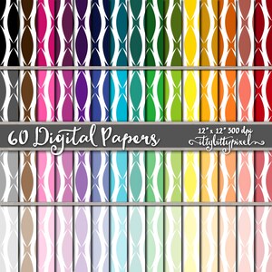 May include: 60 digital papers with a white background and a repeating pattern of white curved shapes. The papers are arranged in rows of 10, with each row featuring a different color. The colors range from dark to light, and include shades of brown, pink, purple, blue, green, yellow, orange, and red.