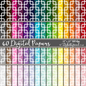 May include: 60 digital papers with a white geometric pattern on a variety of colored backgrounds. The papers are 12 inches by 12 inches and 300 dpi.