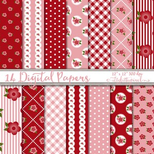 Red Pink Shabby Chic Scrapbook Paper Digital Shabby Chic Paper Pack, Country Cottage Floral Flowers Rustic Scrapbooking Printable Paper