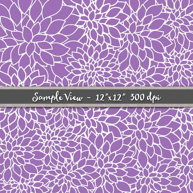 Puede incluir: Un patr&oacute;n sin costuras con flores blancas delineadas sobre un fondo morado. El patr&oacute;n mide 12 pulgadas por 12 pulgadas y 300 dpi. El texto "Sample View - 12" x 12" 300 dpi" se muestra en una barra gris.