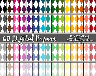 Diamond Argyle Harlequin Pattern, Digital Scrapbook Paper, 60 Colors (12x12 JPG)