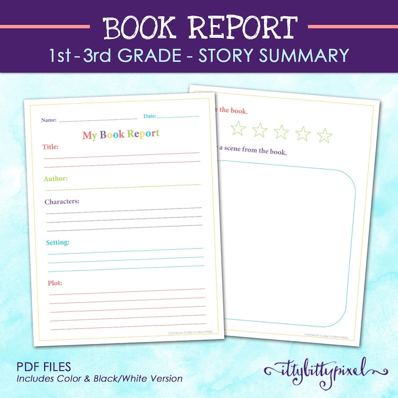 May include: A printable book report template for 1st-3rd grade students. The template includes sections for the book title, author, characters, setting, plot, and a space for a drawing. The template also includes a section for rating the book and writing a scene from the book.