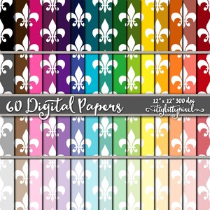 Op de afbeelding: 60 digitale papieren met een wit fleur-de-lis-patroon op een verscheidenheid aan kleurrijke achtergronden. De papieren zijn 30,5 cm bij 30,5 cm en 300 dpi.