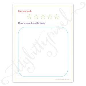 May include: A printable book review worksheet with a five-star rating system and a blank space for drawing a scene from the book.