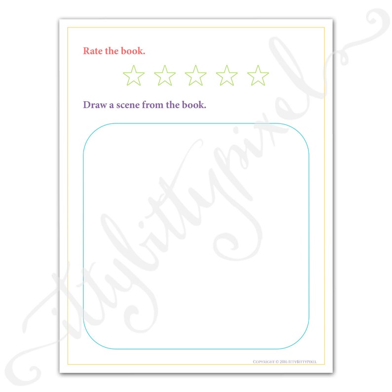 May include: A printable book review worksheet with a five-star rating system and a blank space for drawing a scene from the book.
