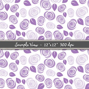 May include: A seamless pattern featuring a repeating design of purple stylized roses and leaves on a white background. The pattern is 12 inches by 12 inches and 300 dpi.