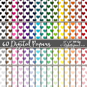 May include: 60 digital papers with a white background and a pattern of small hearts in various colors. The text "60 Digital Papers" is at the top of the image, and the text "12" x "12" 300 dpi" is at the bottom of the image.