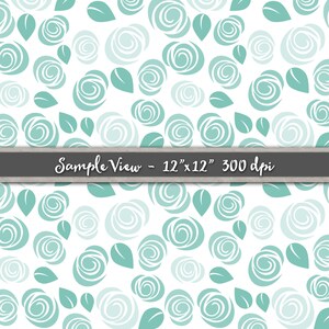 May include: Seafoam green and white floral pattern with a repeating design of stylized roses and leaves. The pattern is seamless and can be used for a variety of projects, such as fabric, wallpaper, or wrapping paper. The image is a sample view of a 12 inch by 12 inch design at 300 dpi.