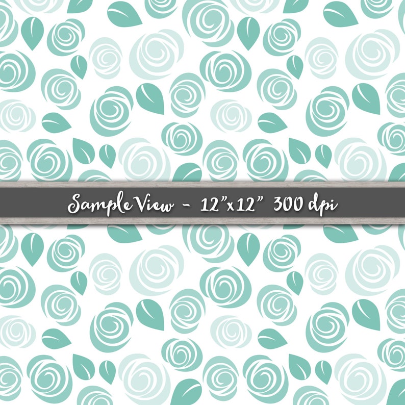 May include: Seafoam green and white floral pattern with a repeating design of stylized roses and leaves. The pattern is seamless and can be used for a variety of projects, such as fabric, wallpaper, or wrapping paper. The image is a sample view of a 12 inch by 12 inch design at 300 dpi.