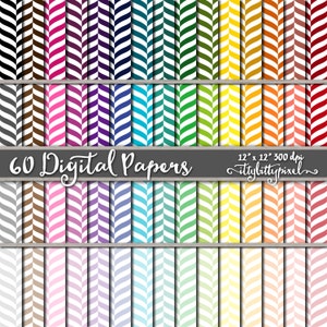 Puede incluir: 60 papeles digitales con un patrón de chevron en varios colores. Cada papel mide 30,48 cm por 30,48 cm y tiene una resolución de 300 dpi. El texto "60 Digital Papers" e "ittybittypixel" está incluido en la imagen.